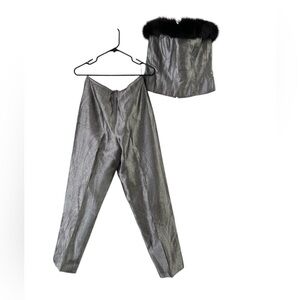 Grey silk and black fox fur two piece suit set